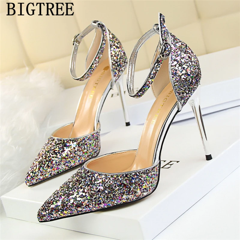 new arrival 2019 mary Jane shoes glitter heels bigtree shoes women pumps stiletto wedding shoes bride red heels tacones mujer