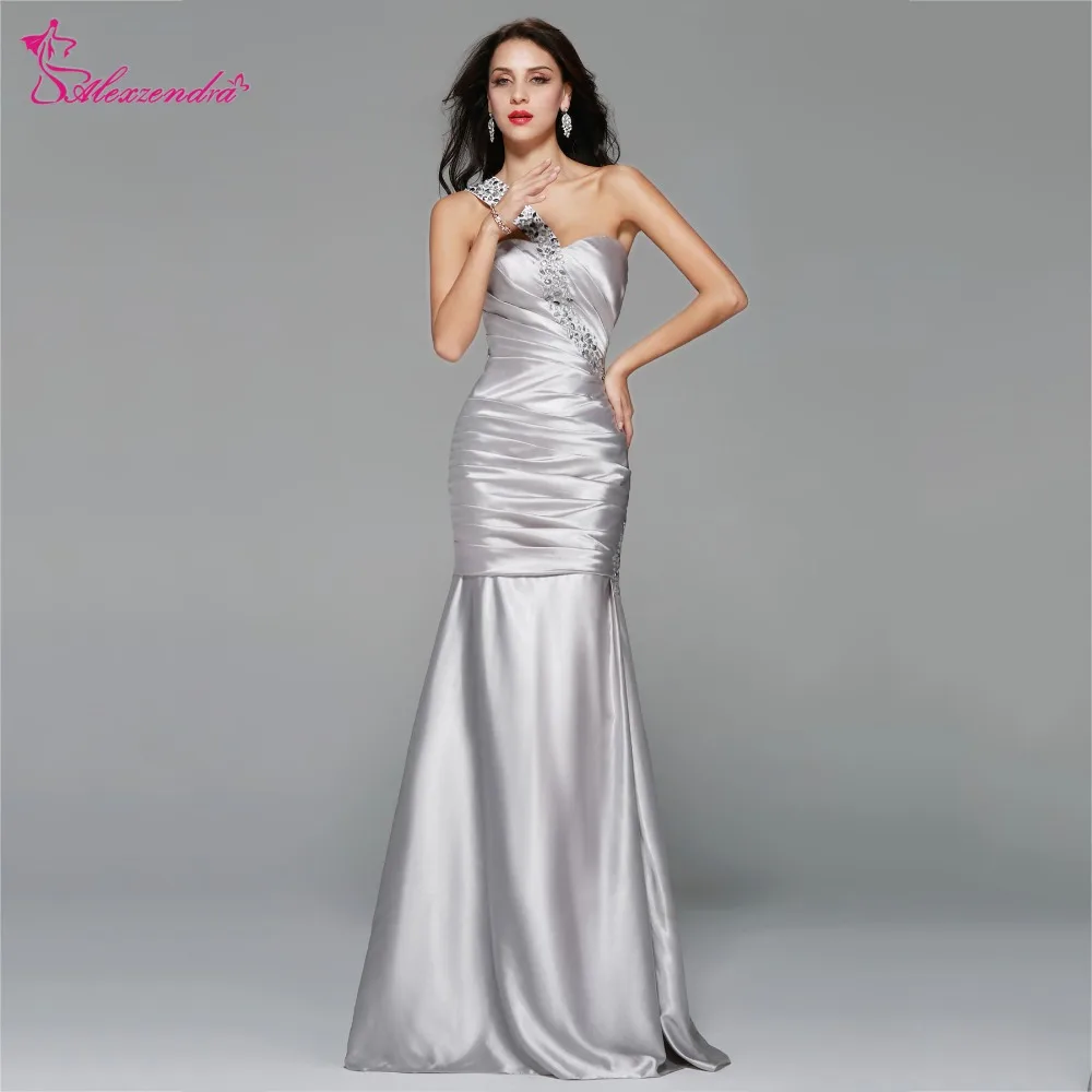 Alexzendra One Shoulder Silver Prom Dresses Long Mermaid Dress Formal Evening Party Dresses Plus