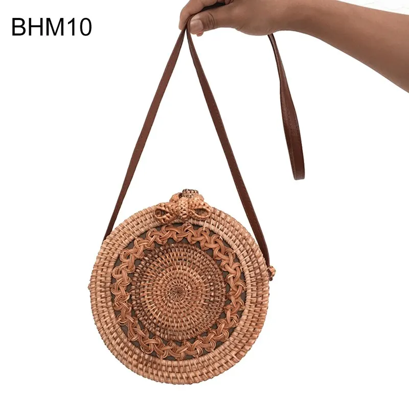 

Handmade Women Circle Straw Bags Lady Purse Khaki Handles Round Women's Beach Bag Big Summer Rattan Handbags 5styles