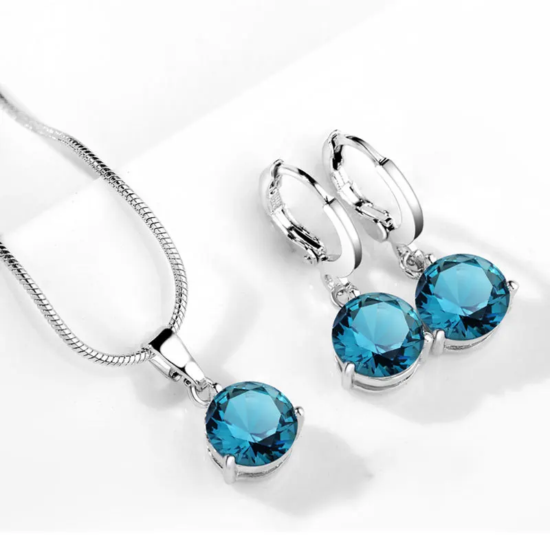 

MOONROCY Silver Color Crystal Chokers Necklace and Earrings Jewelry Set for Women Girls Blue Green Red Jewelry Dropshipping Gift