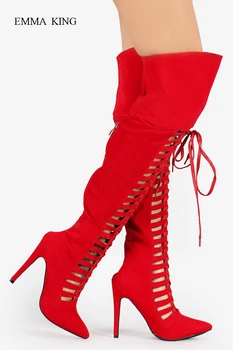 

Botas Mujer 2018 Hollow Out Pointy Toe Thigh High Woman Boots Sexy Cross-tied Over Knee Boots Thin High Heels Red Shoes Women