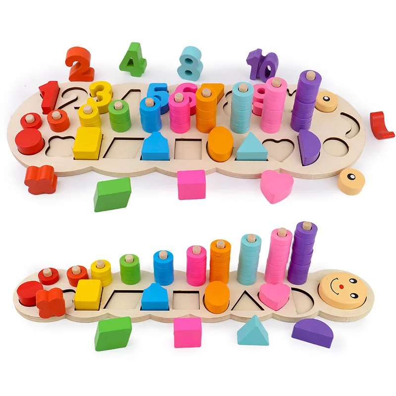  New Wooden Baby Toys Log Board of Caterpillar or Two- one Log artihmic Plate of Caterpillar Geometr