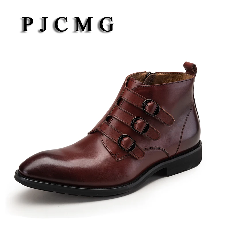 PJCMG/Новинка; модная мужская обувь с острым носком из натуральной кожи с пряжкой на ремешке; деловая официальная обувь с перфорацией типа «броги»; свадебные офисные ботильоны