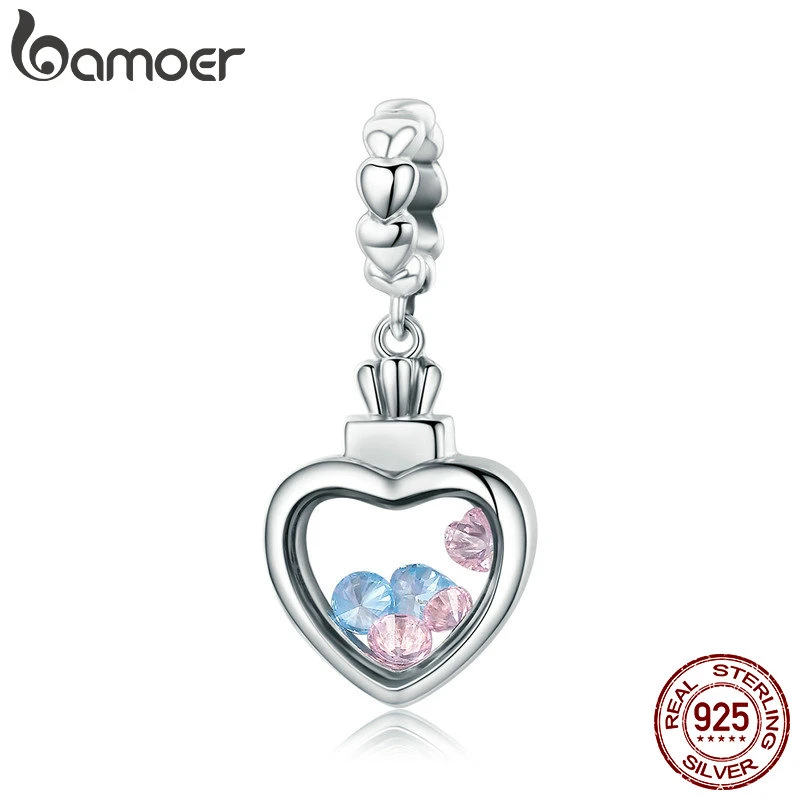 charm bracelets BAMOER 100% 925 Sterling Silver Romantic Heart Pendant AAA Zircon Charm fit Women Bracelet & Necklace Fine Jewelry S925 SCC588 mens rings