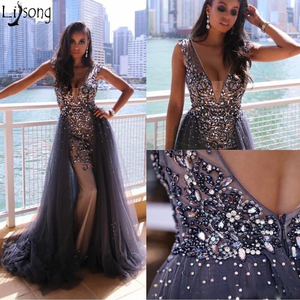 Abendkleider Sparkly Crystal Bead Black Prom Dresses with Detachable Skirt Deep V Neck Rhinestone Evening Gowns Backless Party Formal Dress239