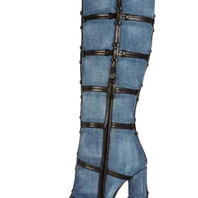 Пикантные женские синие джинсы; ботинки на толстом каблуке; высокие сапоги до бедра с круглым носком; зимние высокие сапоги на массивном каблуке; большие размеры 10;