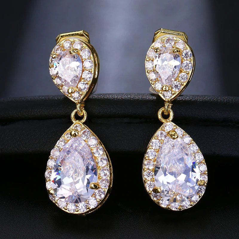Yellow Gold Классические Висячие свадебные серьги-Клипсы из циркония для женщин серебристого цвета модные серьги ювелирные украшения подарок аксессуары - Окраска металла: Yellow Gold