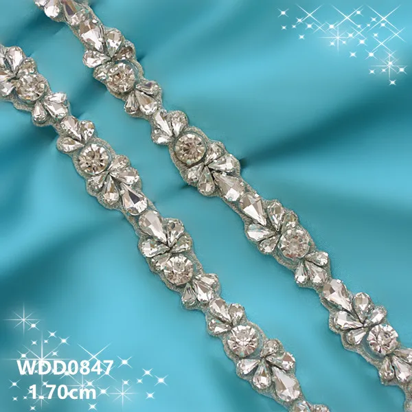 

(10 YARDS )Wholesale bridal hand beaded silver crystal rhinestone applique trim iron on for wedding dresses WDD0847