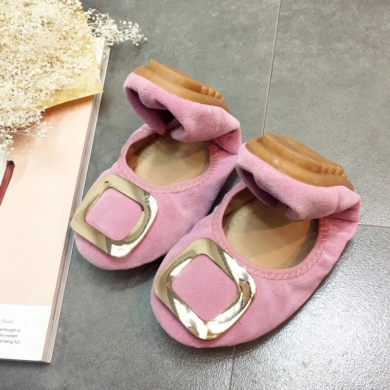 

Brand Women Foldable Ballet Flats Fashion Spring Autumn Round Toe Metal Button Slip On Female Ballet Shoes Ladies Casual Loafers
