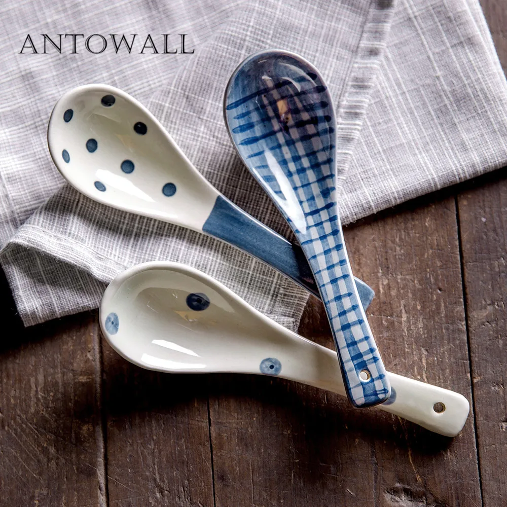 

ANTOWALL Personalized Japanese style kiln underglazed handpainted ceramic tableware Small spoon rice soup stirring spoon