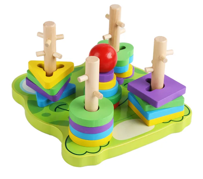Прекрасный лягушка Геометрическая колонна Конструкторы форма сортировщик когнитивные матч игры деревянные развивающие игрушки для детей