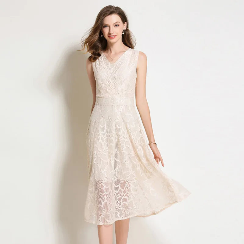 2018 Summer Lace Dress Work Casual Slim Work Women Party Dresses V-neck Sexy Hollow Out A-line Vintage Vestidos