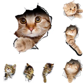 Autocollant mural chats mignons, vue du trou, chiens vifs, salle de bains, toilettes 3D, autocollants pour décoration de la maison, autocollants d'animaux, affiche auto-adhésive 1
