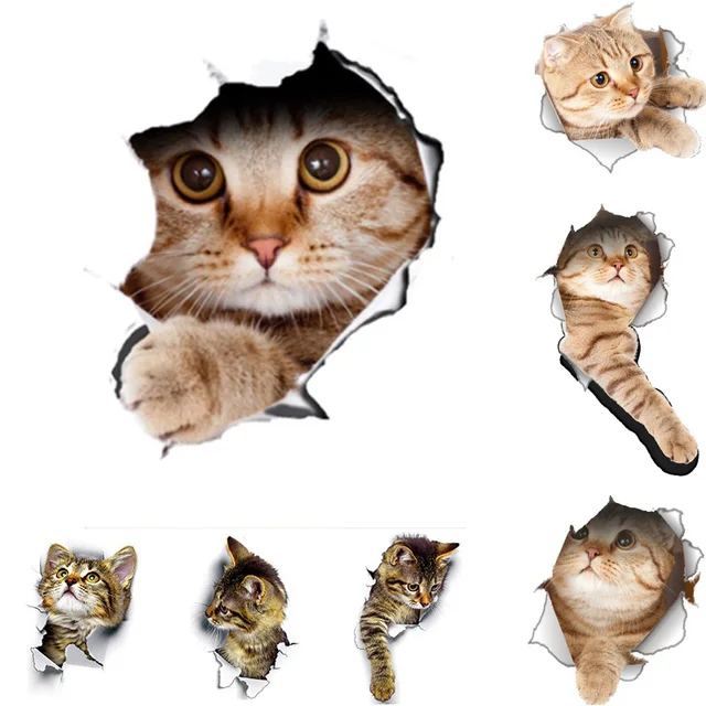 Autocollant mural chats mignons, vue du trou, chiens vifs, salle de bains, toilettes 3D, autocollants pour décoration de la maison, autocollants d'animaux, affiche auto-adhésive 1
