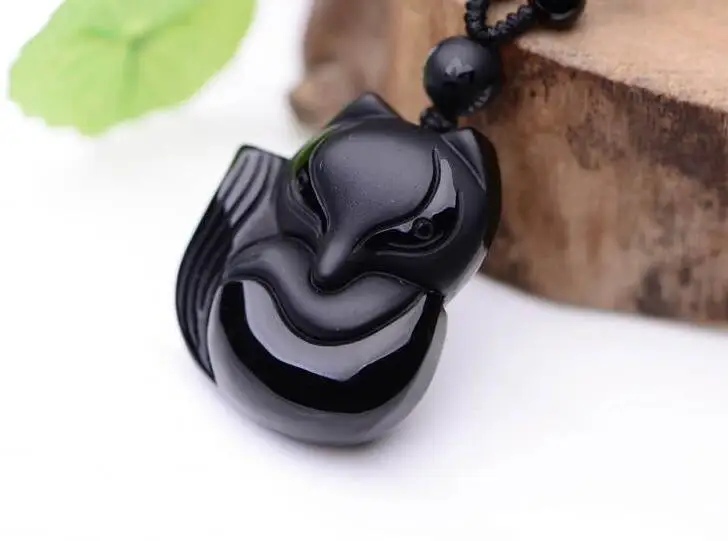 

100% natural hand-carved obsidian pendant necklace cute fox lucky