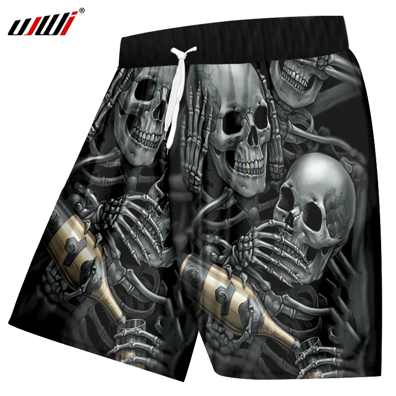 

UJWI Summer Casual Shorts Men Cool Print Skeleton Skull Champagne 3d Boardshorts Man Hip Hop Quick Dry Polyester Beach Shorts