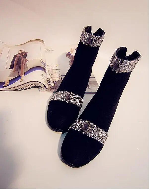 

Size code boots 19 autumn and winter original new hand-studded sequins gemstones low tube black super cool women's shoes boots