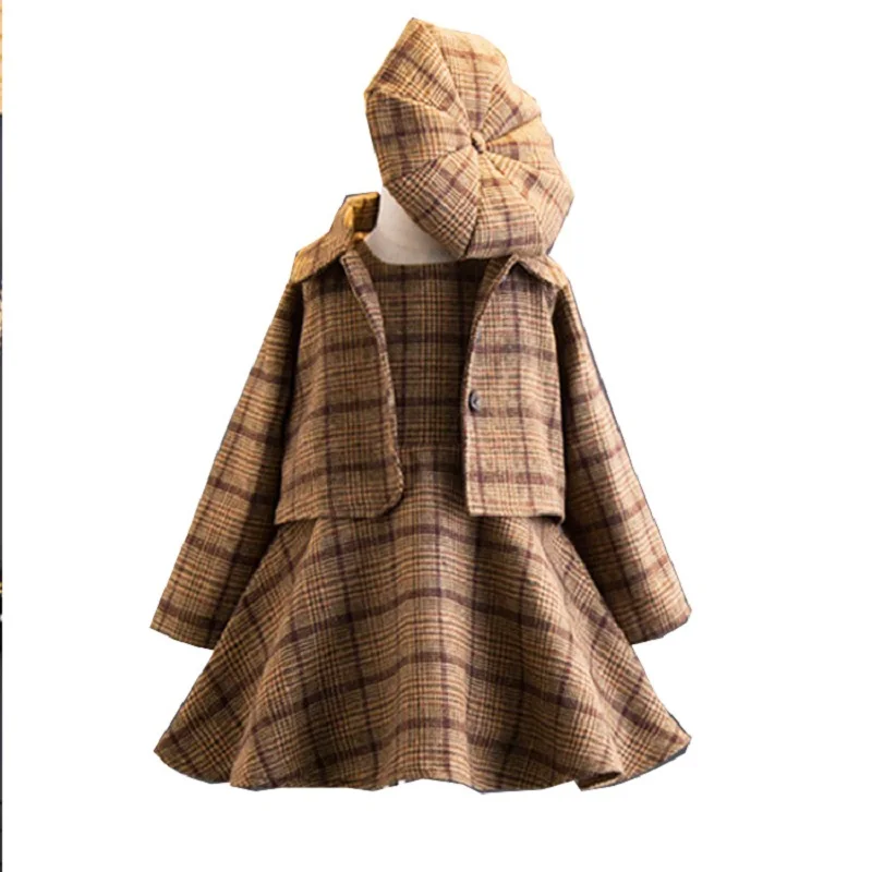 Г. Модный комплект одежды из 3 предметов для маленьких девочек, пальто бальное платье пальто с капюшоном осенне-зимний модный детский костюм одежда в клетку