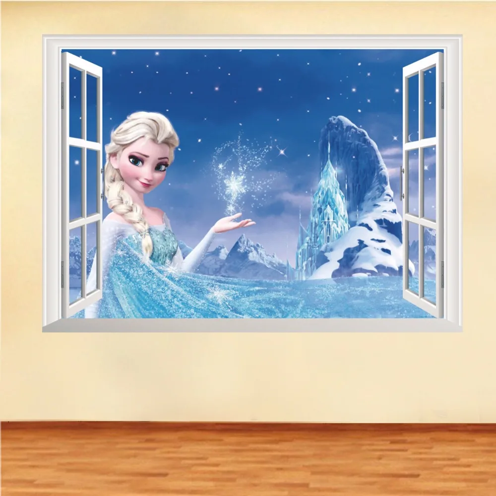 Cartoon Frozen Princess Elsa Wall Sticker 3D Window Wall Stickers For Kids Rooms PVC Wall Stickers Home Decor Living Room