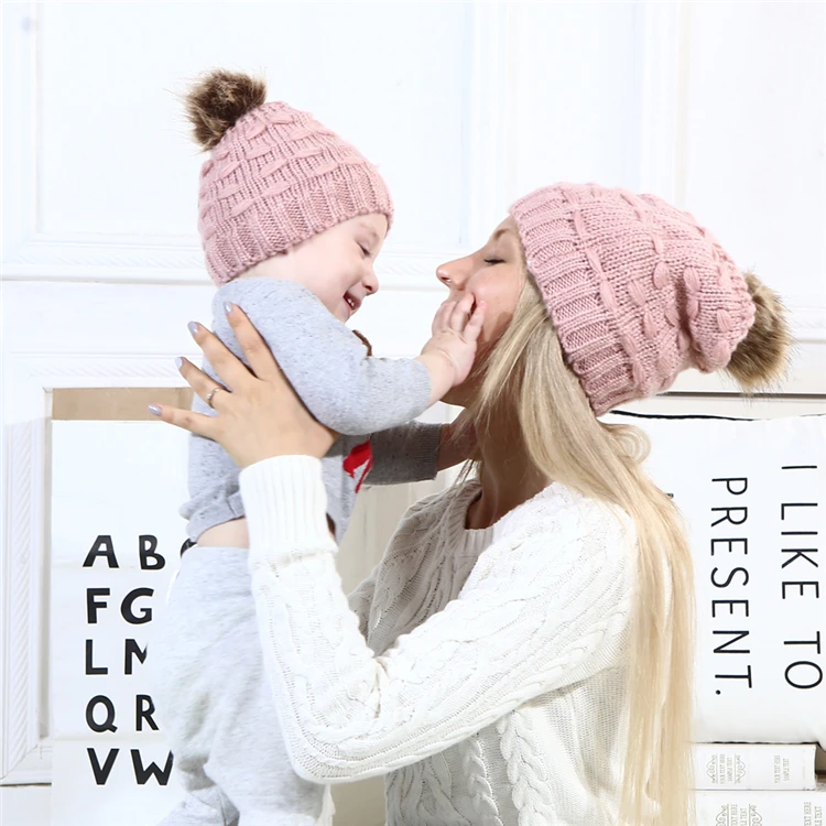 Autumn Winter Family Hat Mother and Kid Child Baby Warm Hat Knitted Crochet Baby and Mom Family Match Hat Caps Faux Fur Pompoms