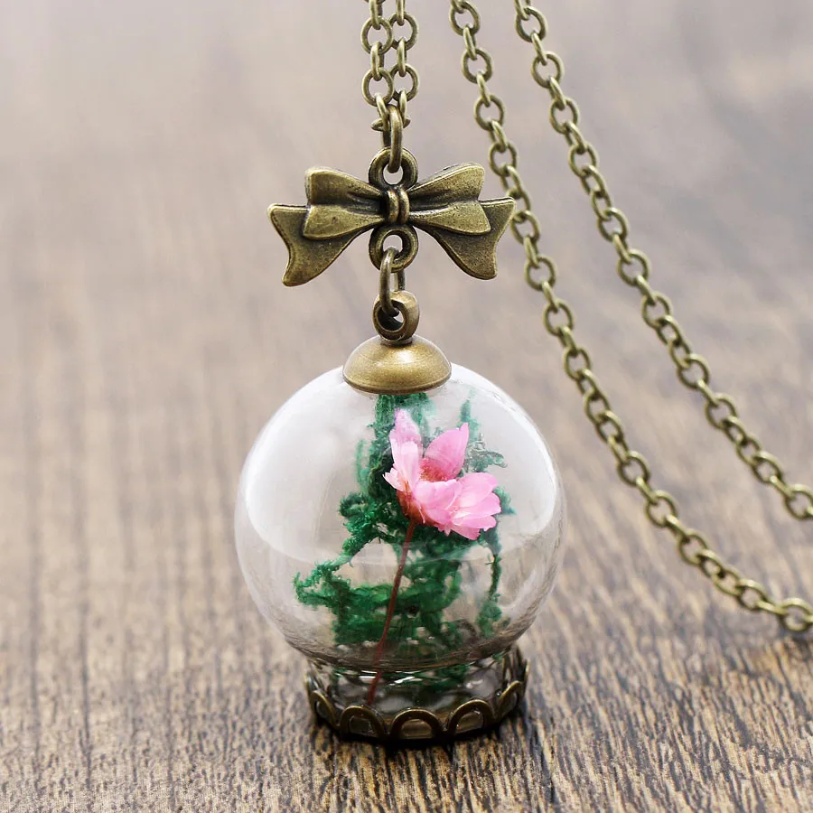 Natural Red Flower Glass Whishing Bottle Pendant Necklace For Women Antique Bronze Bijoux Flower Grass Necklace Jewelry 620234