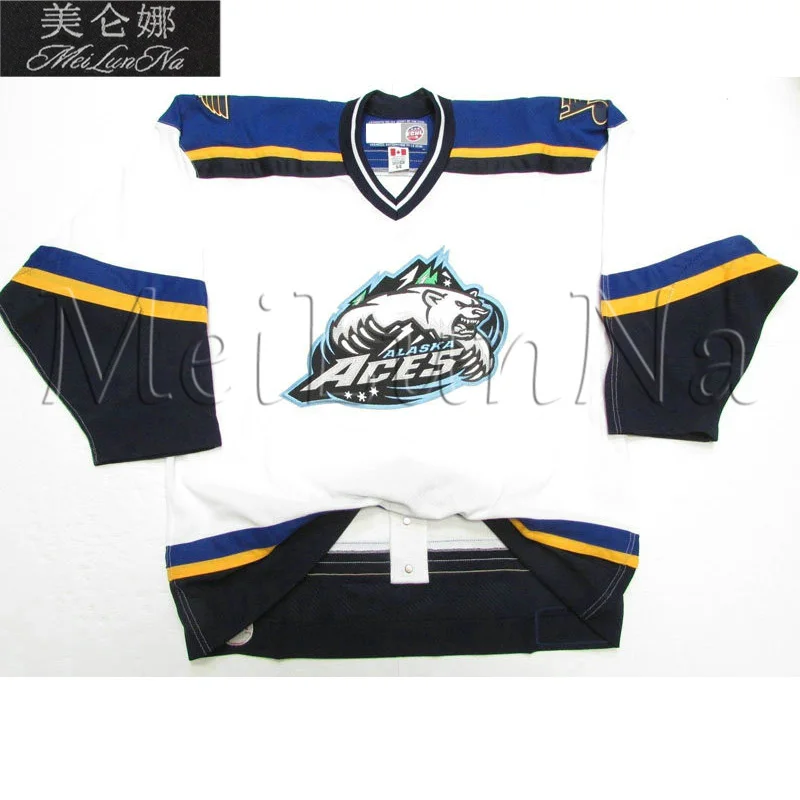

MeiLunNa Custom ECHL Alaska Aces Hockey Jerseys 8 Keith Street 16 Wes Goldie 22 Dean Larson Home Road Third Sewn On Any Name NO.