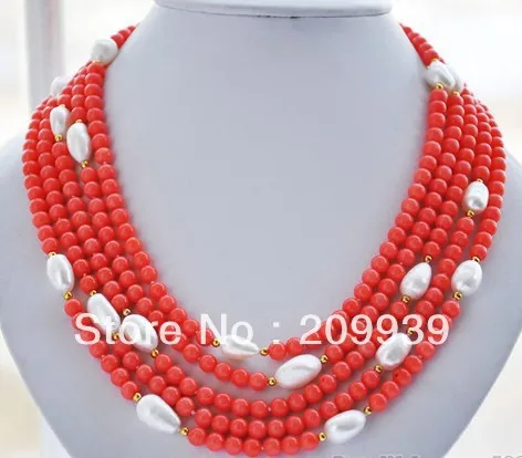

FREE SHIPPING>>@> A183 natural 5row 19" pink coral bead white baroque pearl NECKLACE 4.30