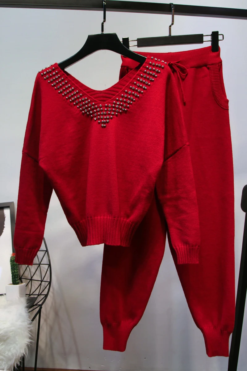 ALPHALMODA 2018 Autumn Winter Women's V-collar Beaded Fashion Knit Tracksuit Pocket Pants Stylish Studded Collar Knitting Sets