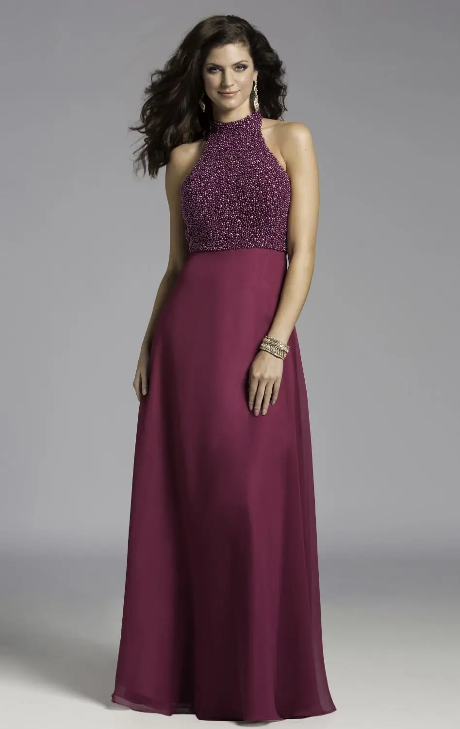Sophisticated High Neck Off the Shoulder Chiffon Burgundy Long Dress