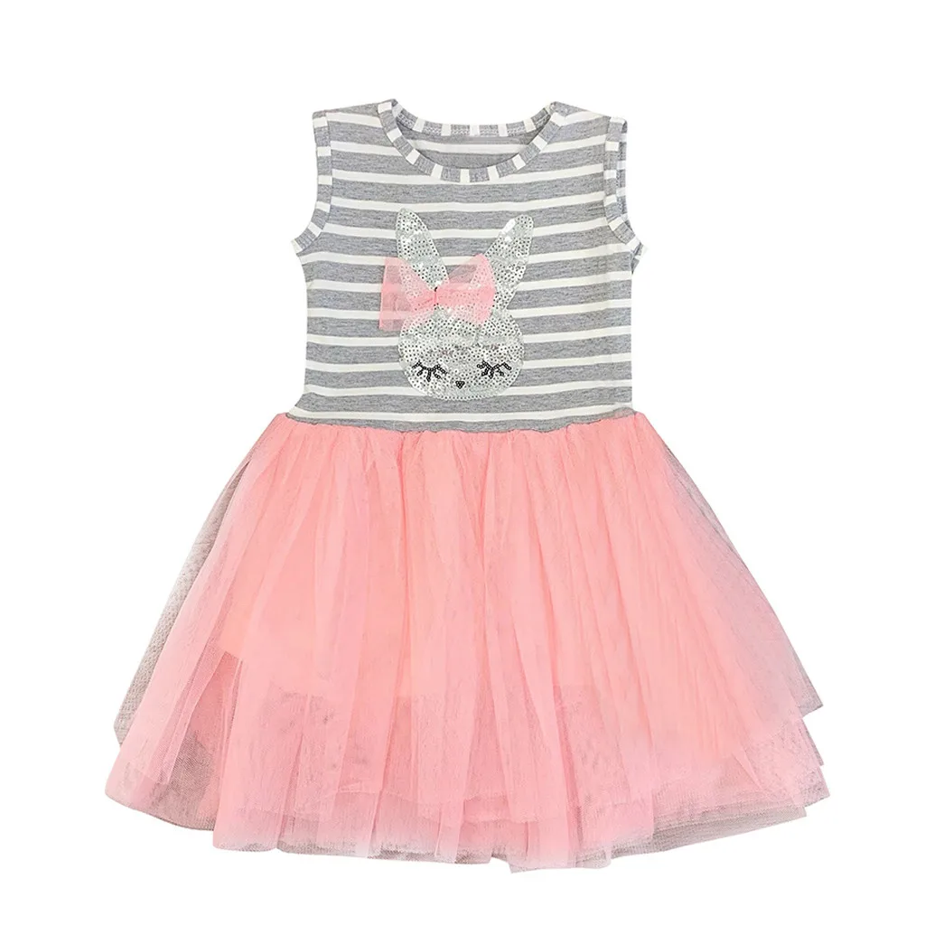 Платье принцессы в полоску с принтом кролика для маленьких девочек; платье принцессы в стиле пэчворк; одежда; Vestido; платье принцессы для дня рождения; - Цвет: Розовый