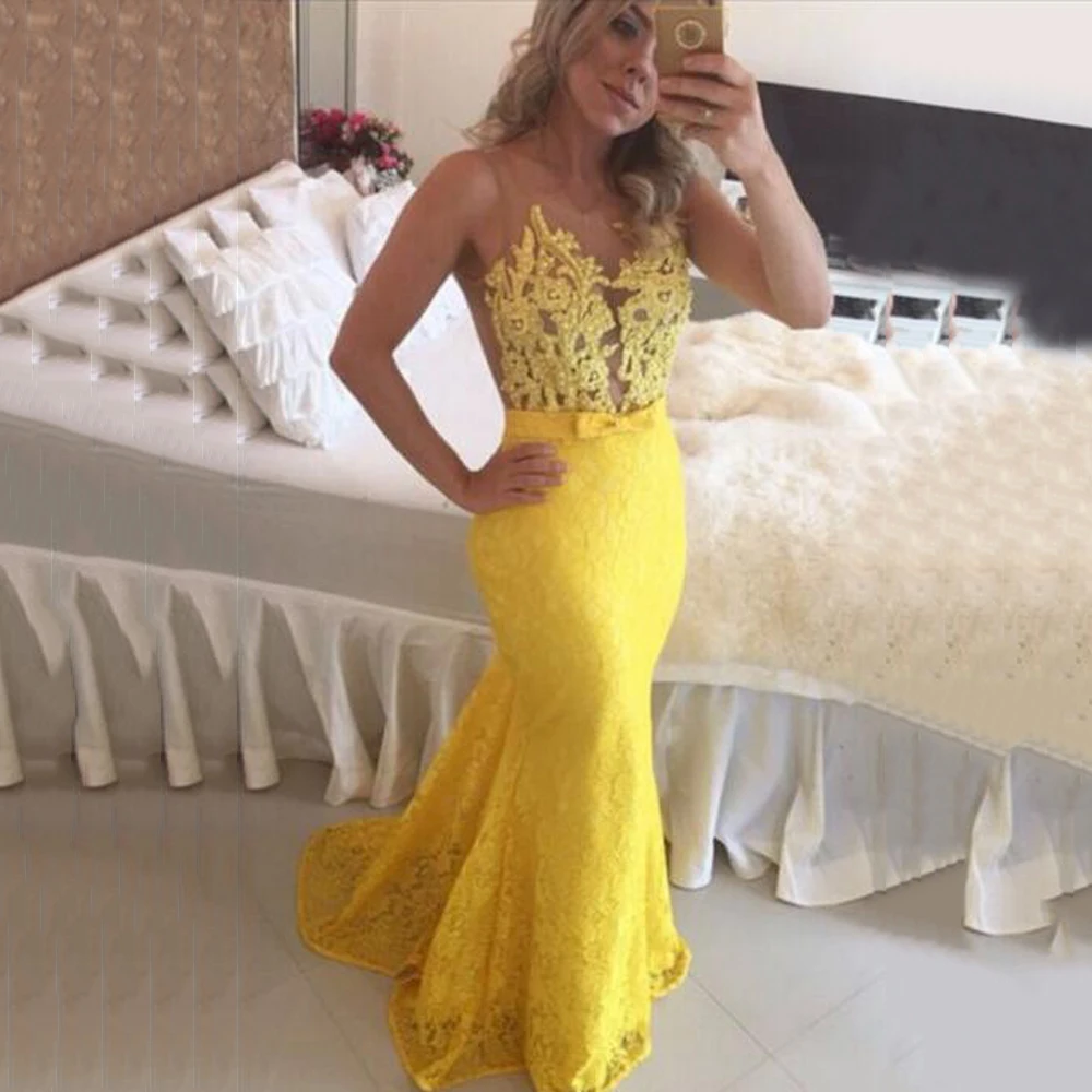 

High Quality Yellow Lace Long Mermaid Prom Dresses 2019 O-Neck Beading Pearls Sheer Style Evening Dress Illusion Back Party Gown