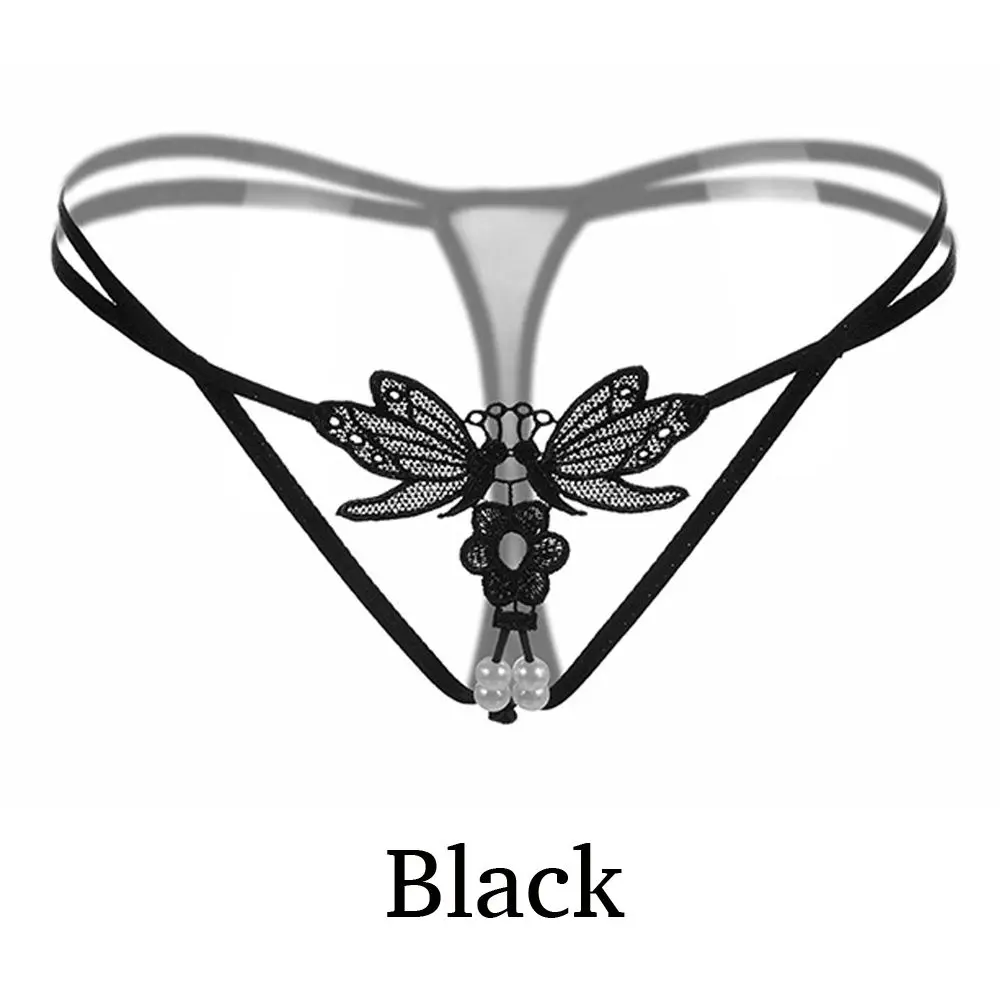 1 шт., сексуальные кружевные трусики с вышивкой в виде бабочек и жемчуга, трусики-стринги с перламутровым вырезом, бесшовное белье - Цвет: Черный