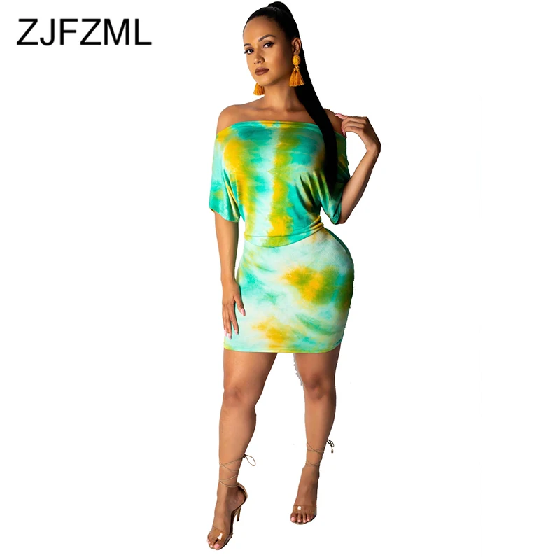 

Tie Dye Printed Sexy Mini Dress Women Obblique Shoulder Spliced Bodycon Party Dress Summer Short Sleeve High Waist Causal Dress