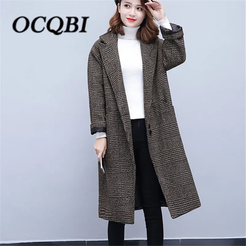 

Autumn Causal Women Long Wool Coat Plaid Fashion Designer Streetwear Overcoat 2018