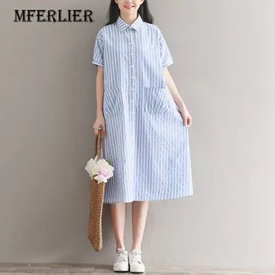 Summer-Dresses-Casual-Vintage-Striped-Dress-A-Line-Square-Collar-Waist-Drawstring-Pocket-Cotton-Women-Clothing