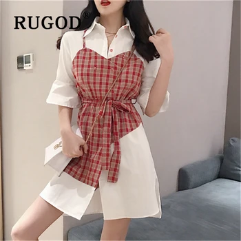 

RUGOD Vintage plaid patchwork mini dress women Korean chic turn-down collar office ladies shirts dresses Fashion summer dresses