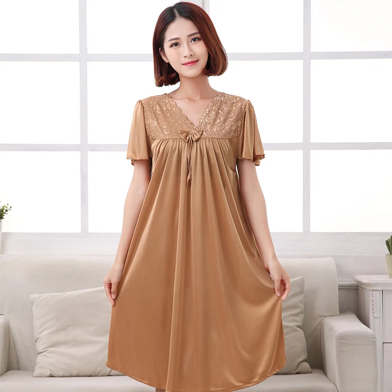 

Free Shipping 2017 New Women Summer Candy Color Ice Silk Nightgown Female Large Size Short Sleeve sleepwear Homewear