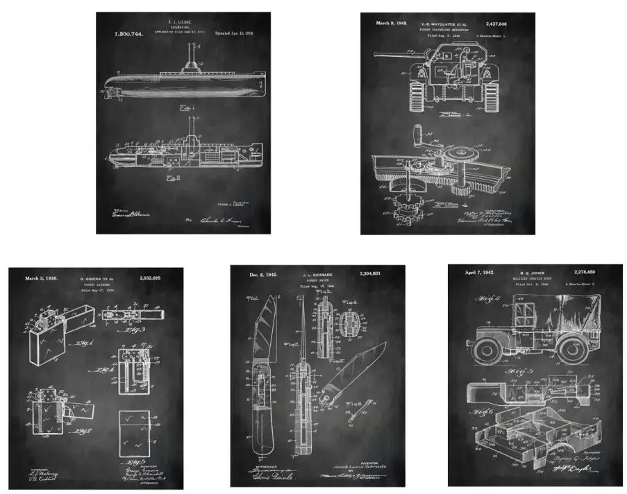 Винтажный большой патент в мировой войны подводная лодка Танк Зажигалка нож джип Плакат Набор 5 в 1/Патентное искусство/образовательное искусство/винтажное искусство