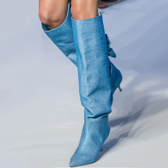 

Hot Autumn Winter Runway Bow-knot Knee High Slouchy Boots Pointed Toe High Heels Woman Design Sequined Stage Boots Plus Size