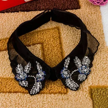 

Black Chiffon Detachable Fake Collar Vintage Fashion Diamond Women's Beaded Floral Fake Collars Shirt
