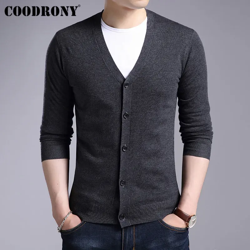 Мужские свитера COODRONY, кашемировый хлопковый мужской свитер, чистый цвет, вязаные кардиганы, Классический Повседневный шерстяной кардиган с v-образным вырезом для мужчин 91008 - Цвет: Темно-серый