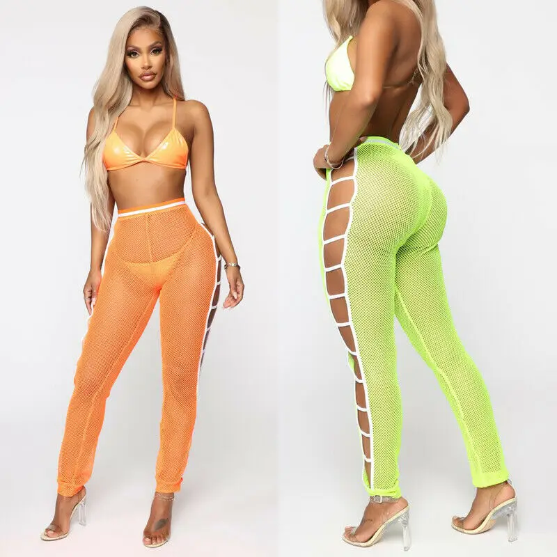 

Women Beach Cover Up Pants Crochet Mesh Summer Elastic High Waist See Through Long Pant Trousers Swimming Beachwear