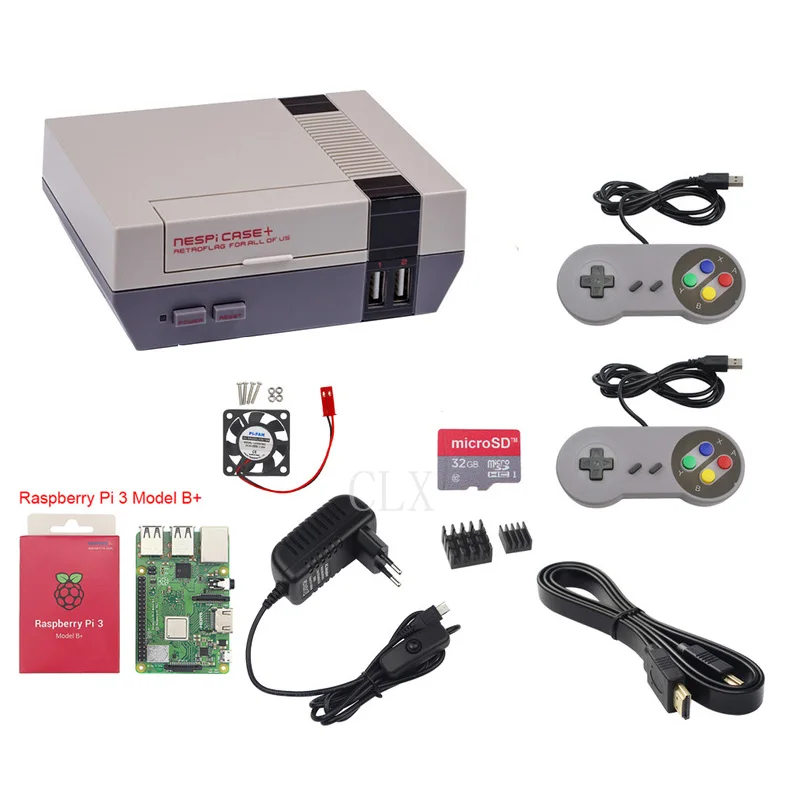  Raspberry Pi 3Bplus+Raspberry Pi NESPi Case+Retroflag Box+32GB+ fan+power supply+heat sink+HDMI+2pc