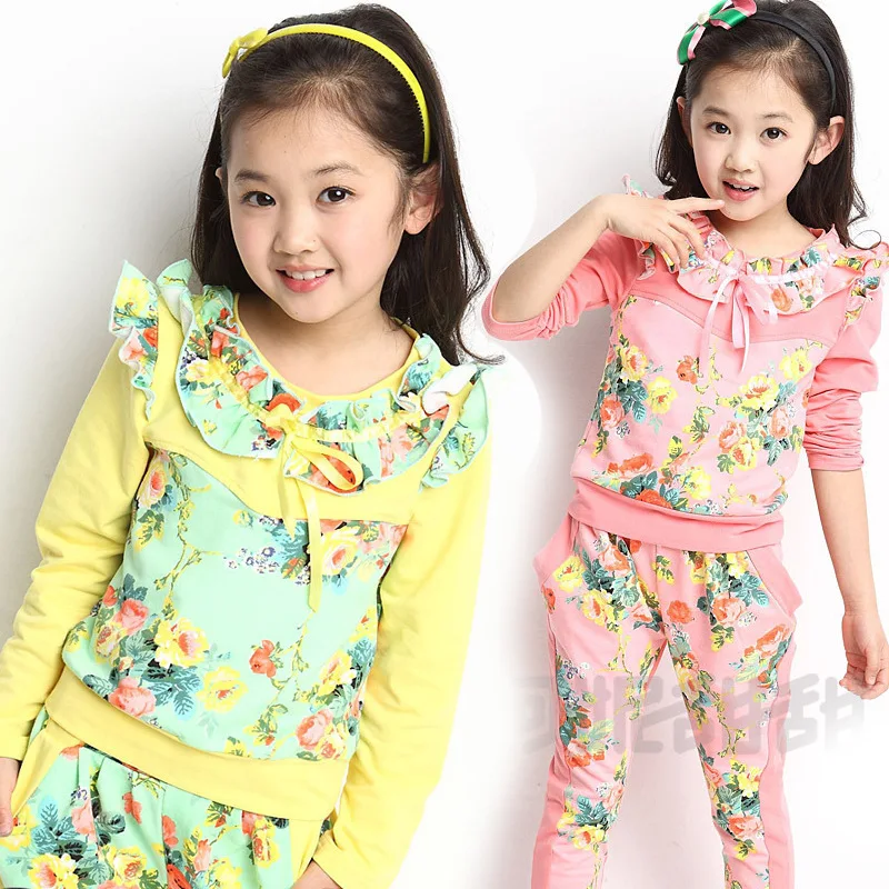 Детская Костюмы осень активный Одежда для девочек 2 предмета в комплекте цветочный шить наряд Спортивный костюм для детей костюм для