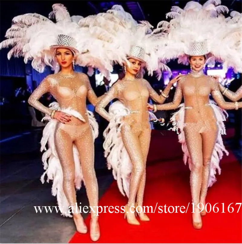 Белые перья преувеличены Samba танец сценические костюмы события перо головной убор подиум модель шоу ночной клуб бар облегающий костюм