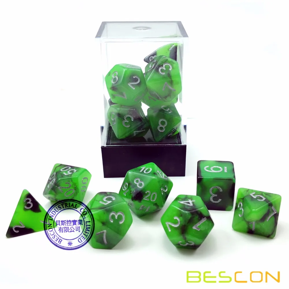 Bescon двухцветные Светящиеся в темноте многогранные кости набор жутких камней, светящийся набор костей для ролевых игр d4 d6 d8 d10 d12 d20 d% Brick Box Pack