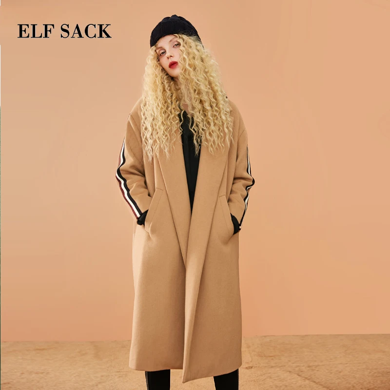 ELFSACK, осень, новинка, Женское шерстяное пальто, 31.7% шерсть, цельное, с отложным воротником, с широкой талией, свободные, шерсть, женские шерстяные пальто