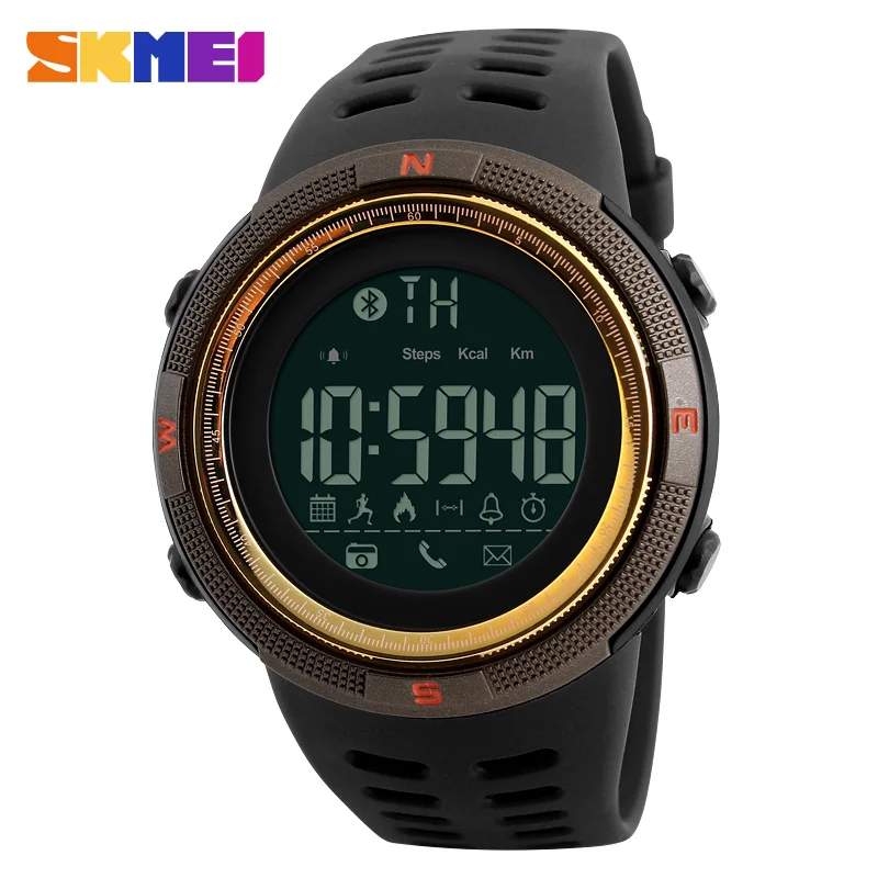 SKMEI Фирменная Новинка Мужская Смарт спортивные часы Bluetooth калорий шагомер Мода часы для мужчин 50 м Водонепроницаемый цифровые часы наручные часы - Цвет: Brown Gold