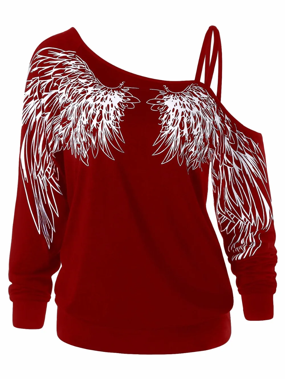 VESTLINDA One Shoulder Wing Print Long Sleeve Top Women Casual T Shirt Ladies Female Black T-Shirt 2018 Fashion Women Clothing 7