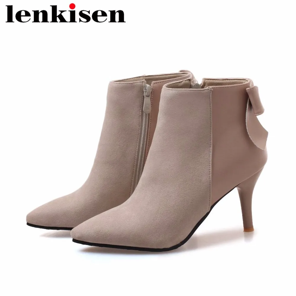 

Lenkisen sweet butterfly-knot mixed colors ankle boots pointed toe zip big size high heels flock charming girls women shoes L8f3